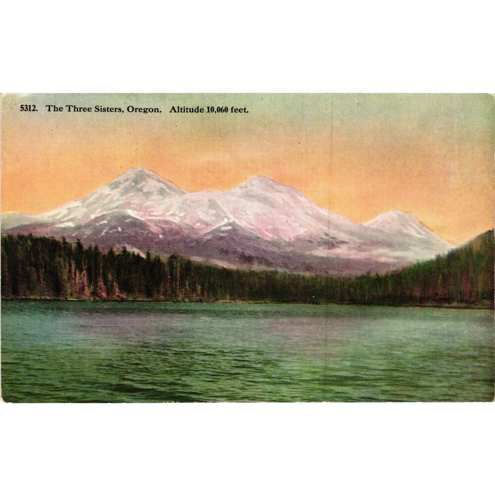 Three Sisters Oregon Vintage Postcard Cascade Mountains‎ Snow Peaks and Lake